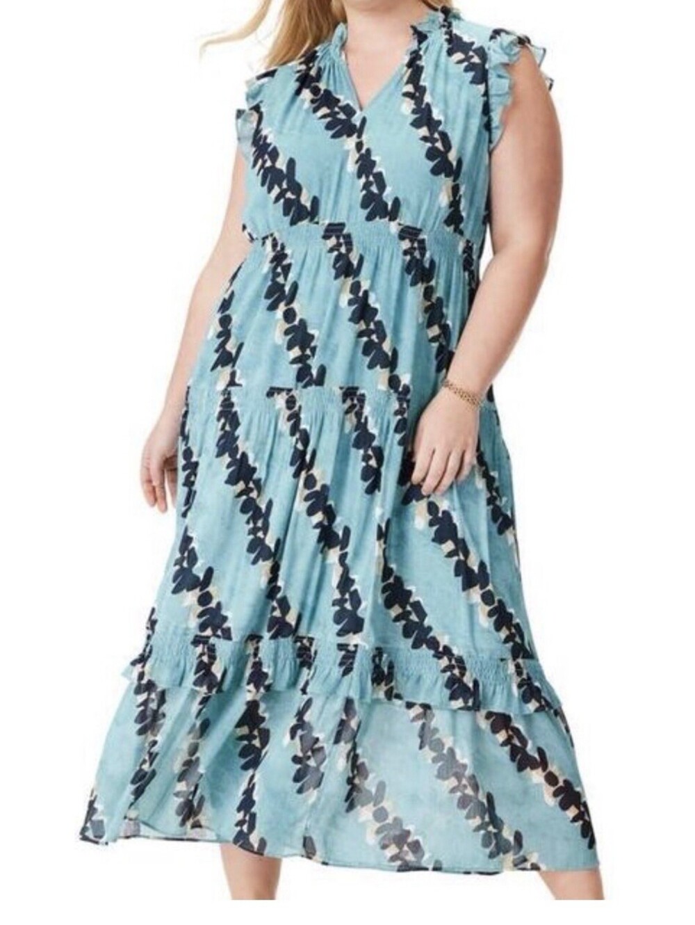 NIC + ZOE Rolling Reef Ruffle Trim  Maxi Dress - Aqua Multi Size XXL  MSRP $218
